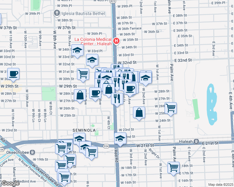 map of restaurants, bars, coffee shops, grocery stores, and more near 415 W 27th St in Hialeah