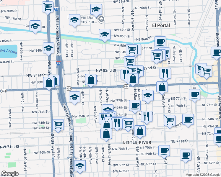map of restaurants, bars, coffee shops, grocery stores, and more near 165 Northwest 78th Street in Miami