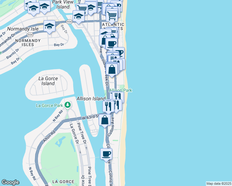 map of restaurants, bars, coffee shops, grocery stores, and more near 6423 Collins Avenue in Miami Beach