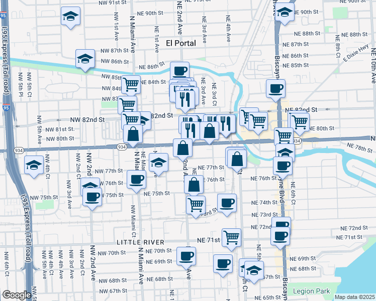 map of restaurants, bars, coffee shops, grocery stores, and more near in Miami