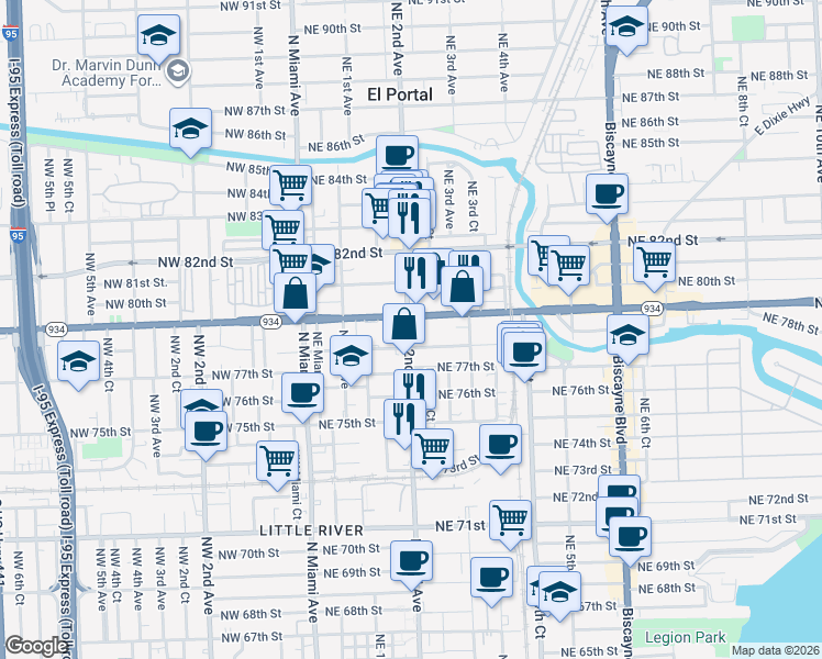 map of restaurants, bars, coffee shops, grocery stores, and more near in Miami