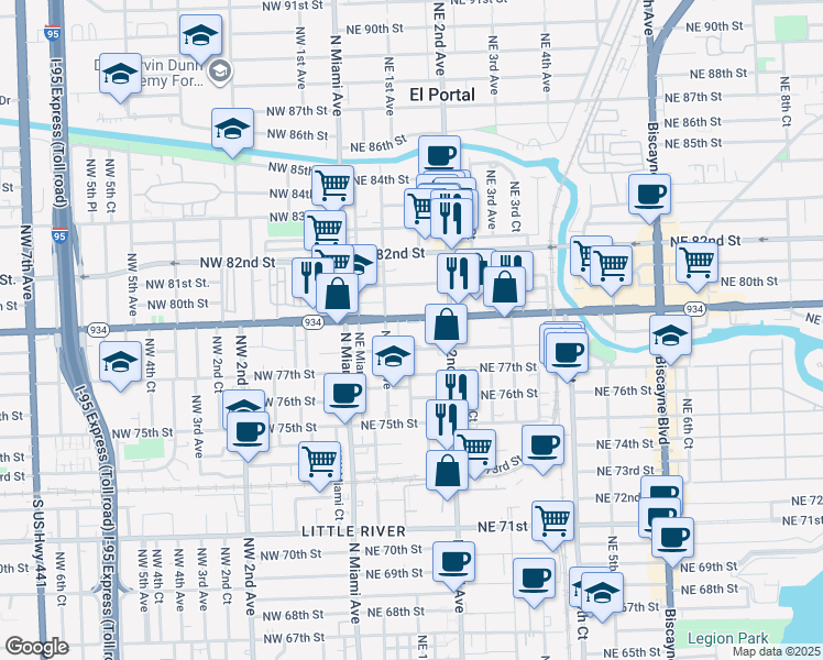 map of restaurants, bars, coffee shops, grocery stores, and more near 155 Northeast 78th Street in Miami
