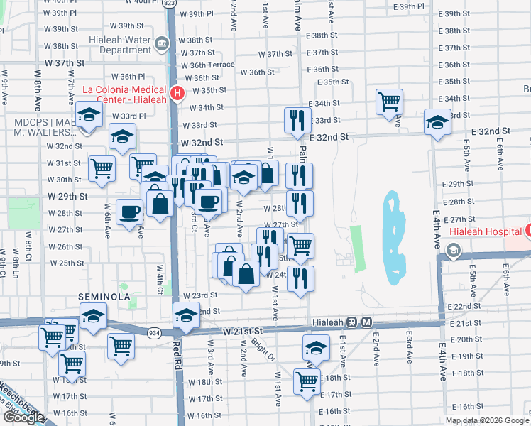 map of restaurants, bars, coffee shops, grocery stores, and more near 2720 West 1st Avenue in Hialeah