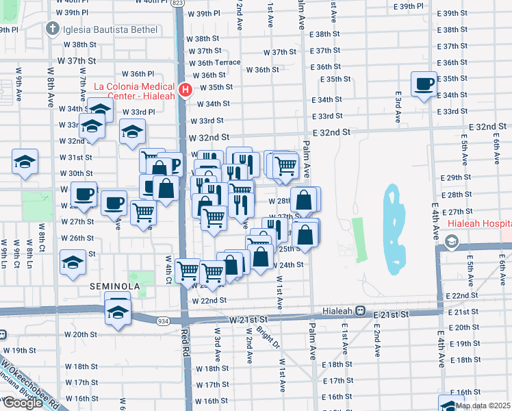 map of restaurants, bars, coffee shops, grocery stores, and more near 190 West 28th Street in Hialeah