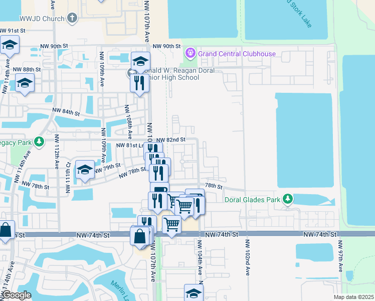 map of restaurants, bars, coffee shops, grocery stores, and more near 8013 Northwest 104th Court in Doral