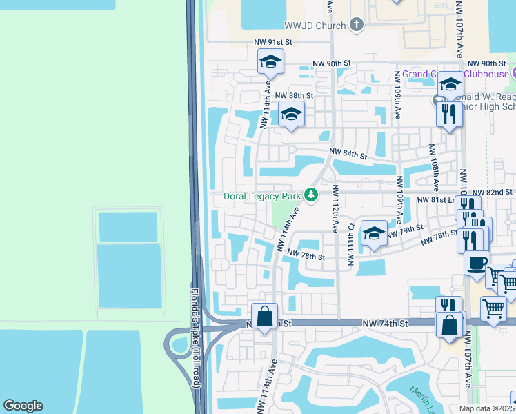 map of restaurants, bars, coffee shops, grocery stores, and more near 8023 Northwest 114th Place in Doral