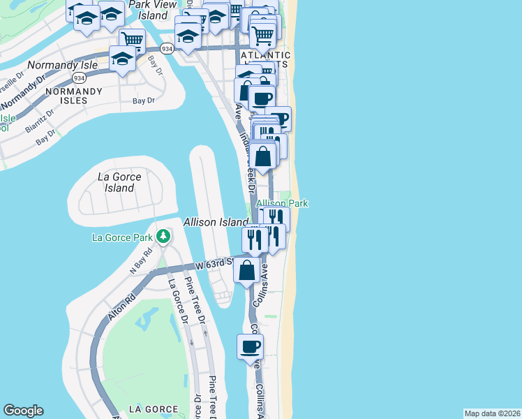 map of restaurants, bars, coffee shops, grocery stores, and more near 6422 Collins Avenue in Miami Beach