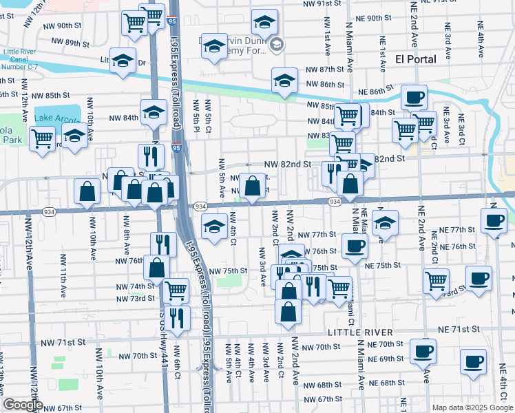 map of restaurants, bars, coffee shops, grocery stores, and more near 7801 Northwest 4th Avenue in Miami