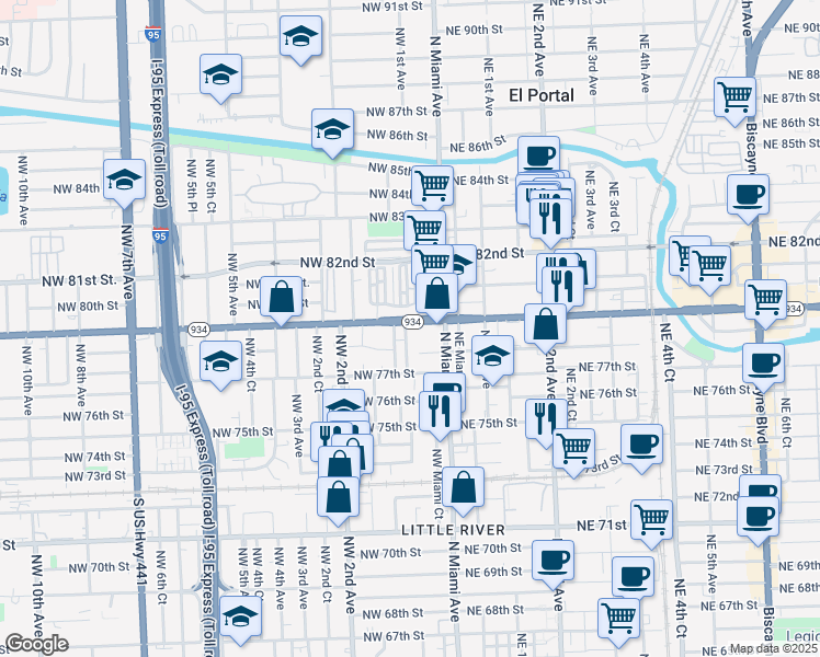 map of restaurants, bars, coffee shops, grocery stores, and more near 7800 Northwest 1st Avenue in Miami