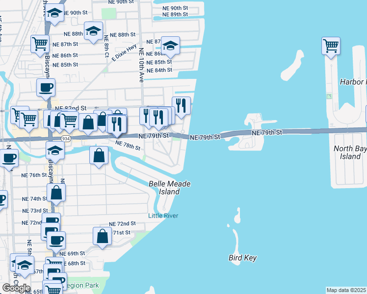 map of restaurants, bars, coffee shops, grocery stores, and more near 7800 Northeast Bayshore Court in Miami