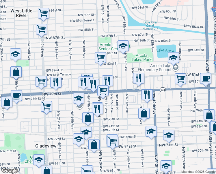 map of restaurants, bars, coffee shops, grocery stores, and more near 1600 Northwest 79th Street in Miami