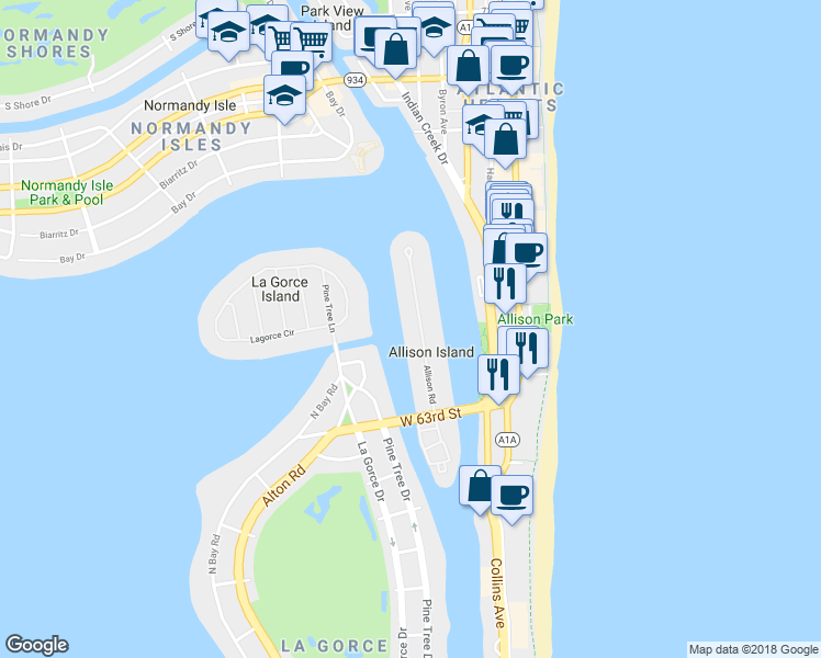 map of restaurants, bars, coffee shops, grocery stores, and more near in Miami Beach