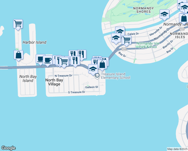 map of restaurants, bars, coffee shops, grocery stores, and more near 7540 East Treasure Drive in North Bay Village
