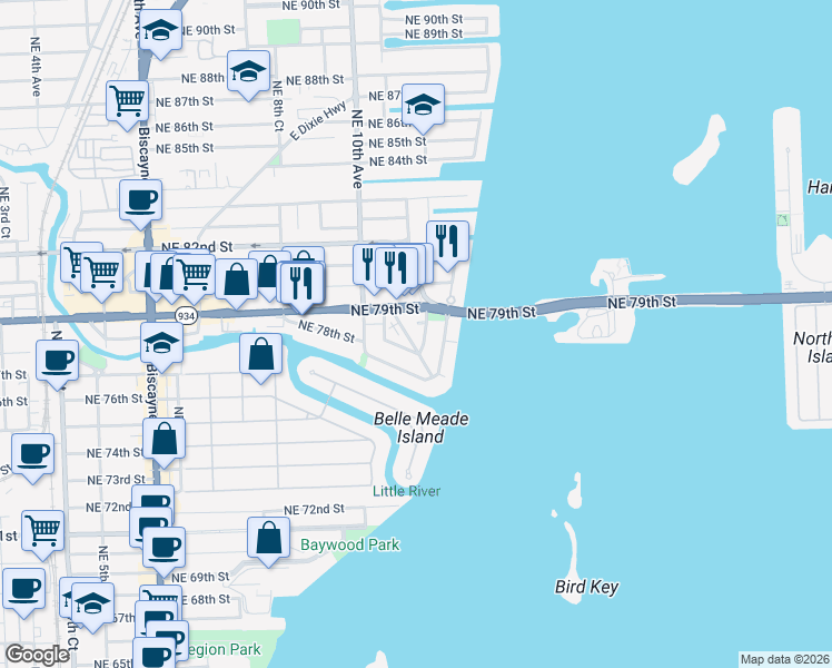 map of restaurants, bars, coffee shops, grocery stores, and more near 1036 Northeast 78th Road in Miami
