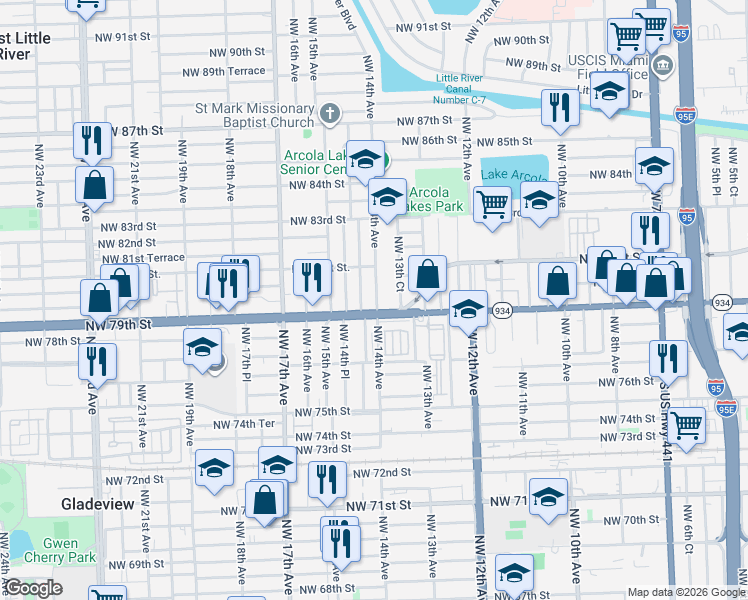 map of restaurants, bars, coffee shops, grocery stores, and more near in West Little River