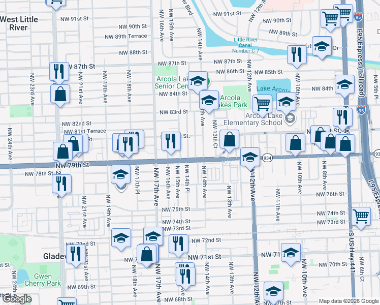 map of restaurants, bars, coffee shops, grocery stores, and more near in West Little River