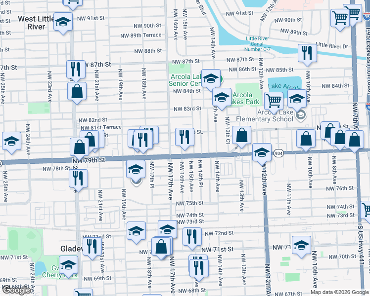 map of restaurants, bars, coffee shops, grocery stores, and more near 1600 Northwest 79th Street in Miami