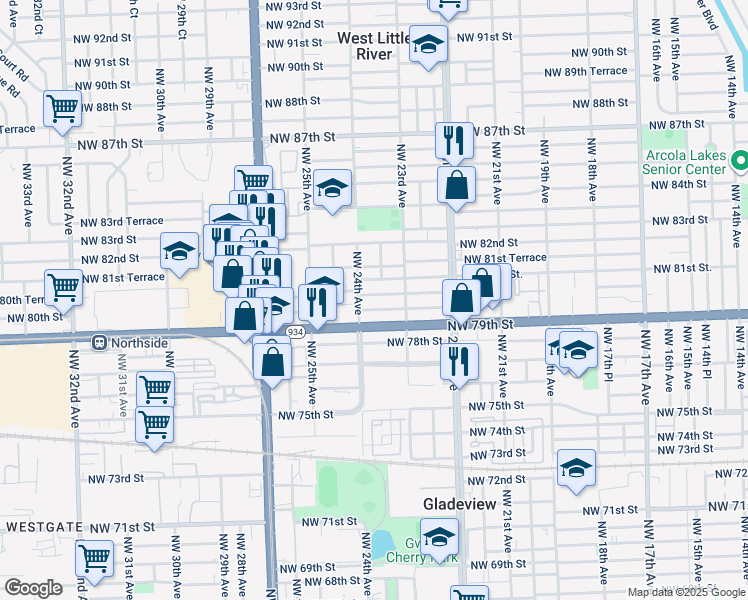 map of restaurants, bars, coffee shops, grocery stores, and more near 2315 Northwest 79th Street in Miami