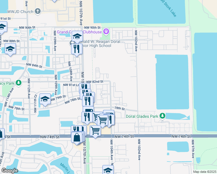 map of restaurants, bars, coffee shops, grocery stores, and more near 8013 Northwest 104th Court in Doral