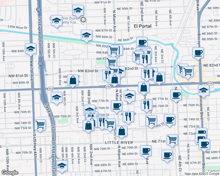map of restaurants, bars, coffee shops, grocery stores, and more near 50 Northwest 79th Street in Miami