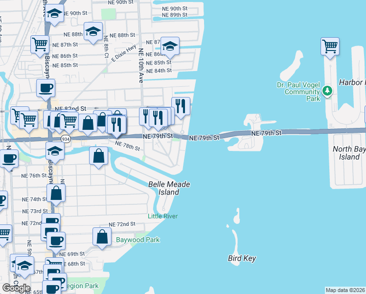 map of restaurants, bars, coffee shops, grocery stores, and more near 7800 Northeast Bayshore Court in Miami