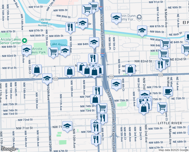 map of restaurants, bars, coffee shops, grocery stores, and more near in Miami