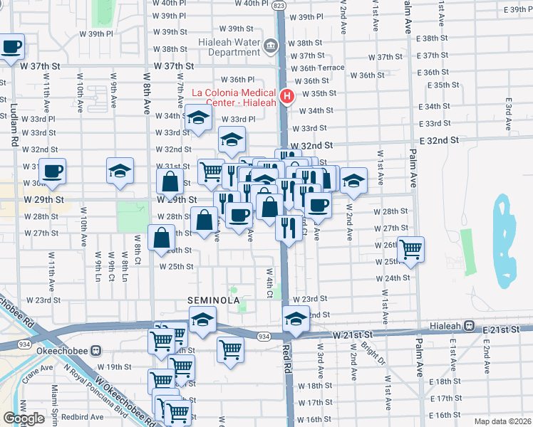 map of restaurants, bars, coffee shops, grocery stores, and more near 485 West 27th Street in Hialeah