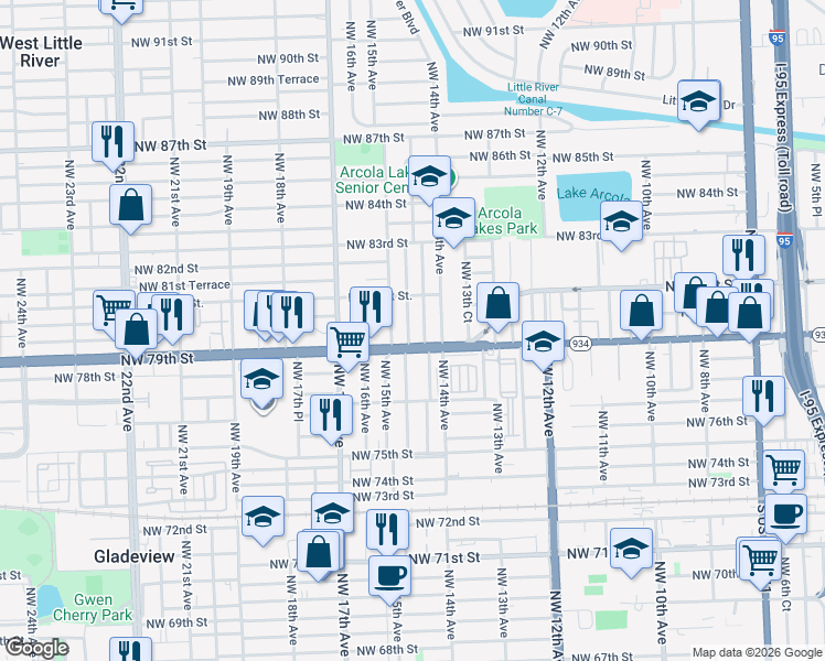 map of restaurants, bars, coffee shops, grocery stores, and more near in West Little River