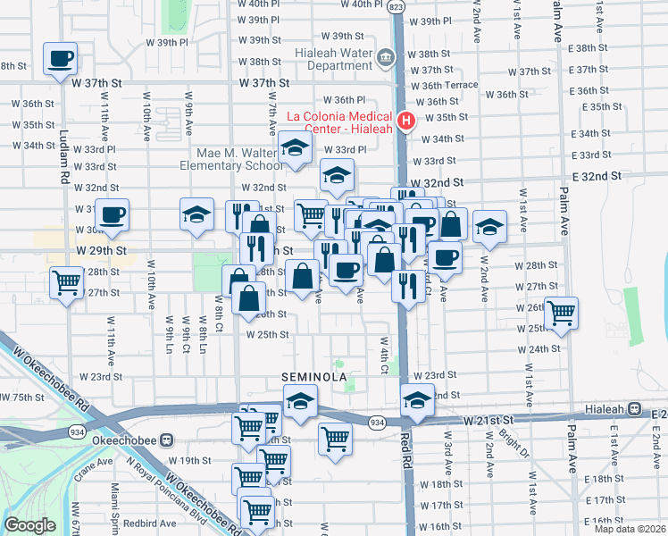 map of restaurants, bars, coffee shops, grocery stores, and more near 560 West 29th Street in Hialeah
