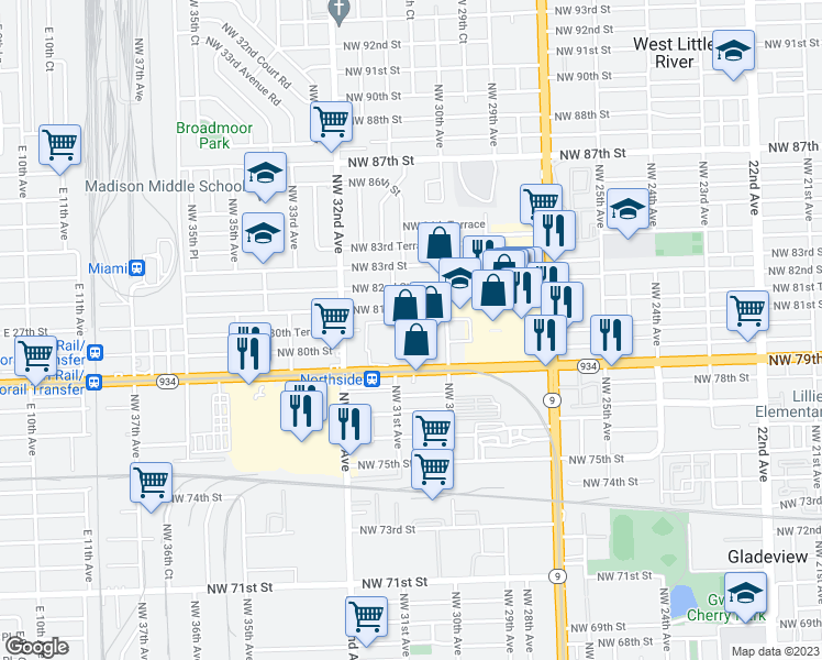 map of restaurants, bars, coffee shops, grocery stores, and more near 3015 Northwest 79th Street in Miami