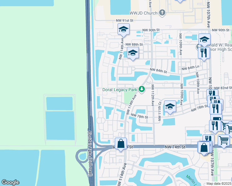 map of restaurants, bars, coffee shops, grocery stores, and more near 10854 Northwest 81 Terrace in Doral
