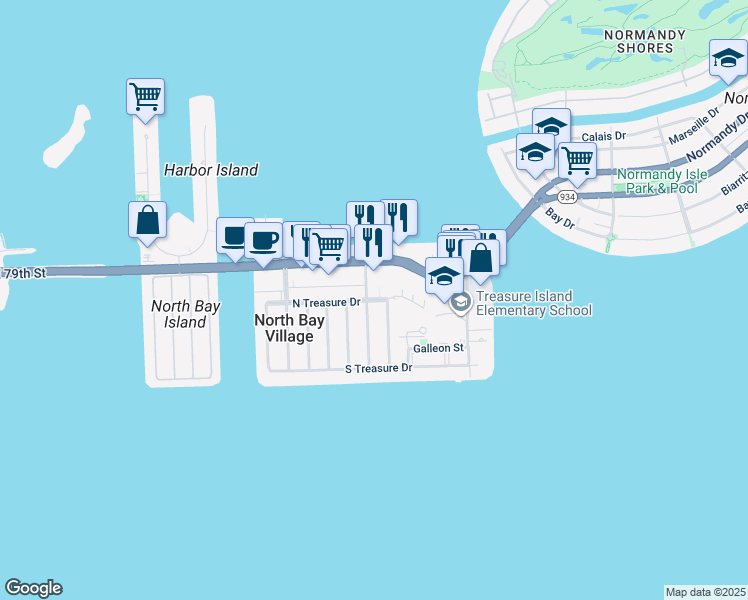 map of restaurants, bars, coffee shops, grocery stores, and more near 1666 79th Street Causeway in North Bay Village