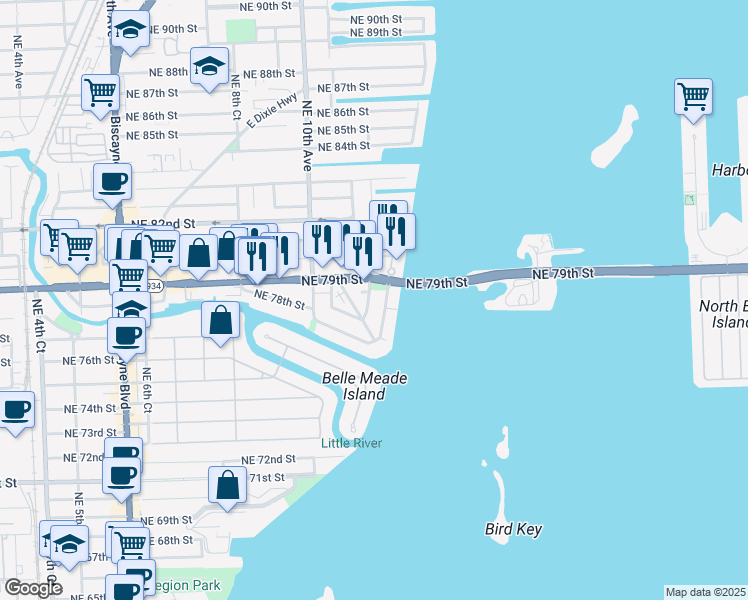 map of restaurants, bars, coffee shops, grocery stores, and more near in Miami