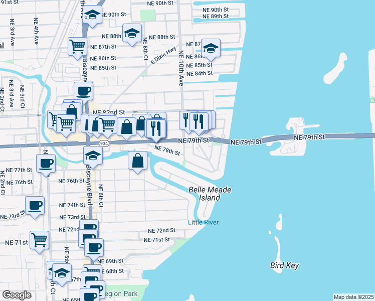 map of restaurants, bars, coffee shops, grocery stores, and more near 990 Northeast 79th Street in Miami