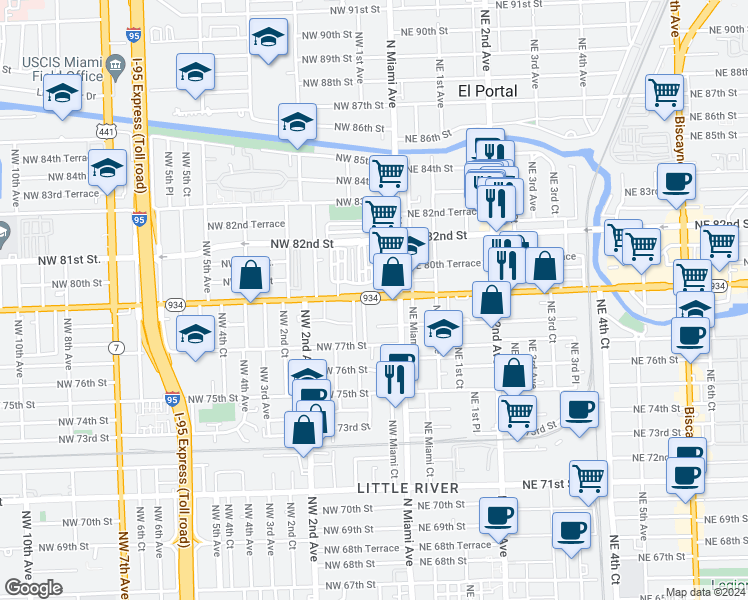 map of restaurants, bars, coffee shops, grocery stores, and more near in Miami