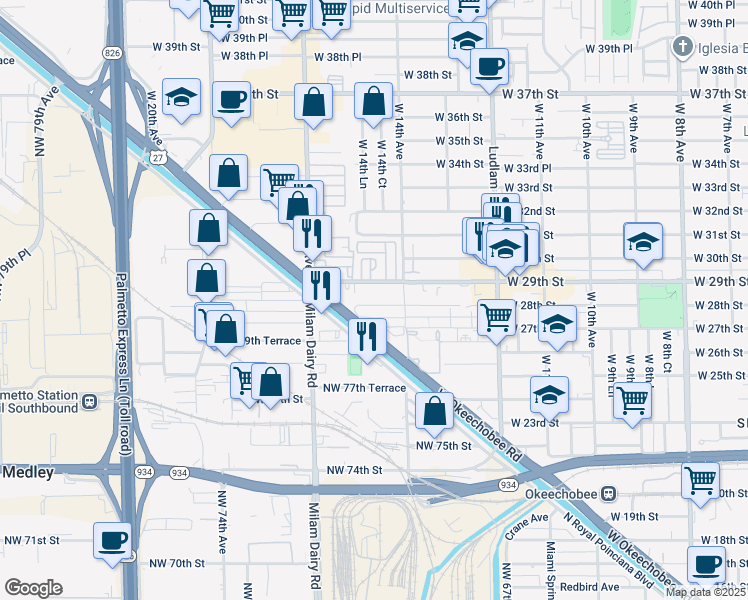map of restaurants, bars, coffee shops, grocery stores, and more near 1479 West 29th Street in Hialeah