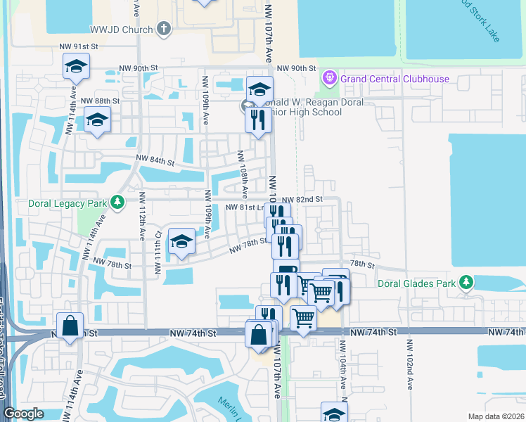 map of restaurants, bars, coffee shops, grocery stores, and more near 10751 Northwest 81st Lane in Doral