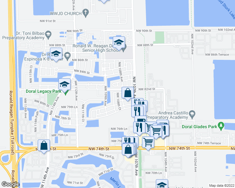 map of restaurants, bars, coffee shops, grocery stores, and more near 10950 Northwest 82nd Street in Doral