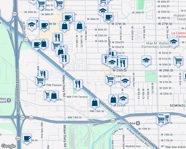 map of restaurants, bars, coffee shops, grocery stores, and more near in Hialeah
