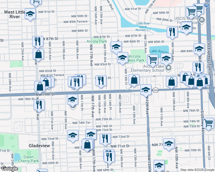 map of restaurants, bars, coffee shops, grocery stores, and more near 7937 Northwest 15th Avenue in Miami