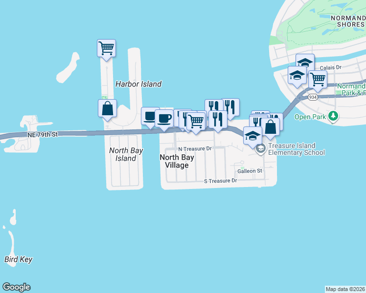 map of restaurants, bars, coffee shops, grocery stores, and more near 1555 North Treasure Drive in Miami Beach