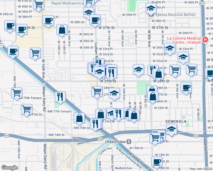 map of restaurants, bars, coffee shops, grocery stores, and more near 1167 West 29th Street in Hialeah