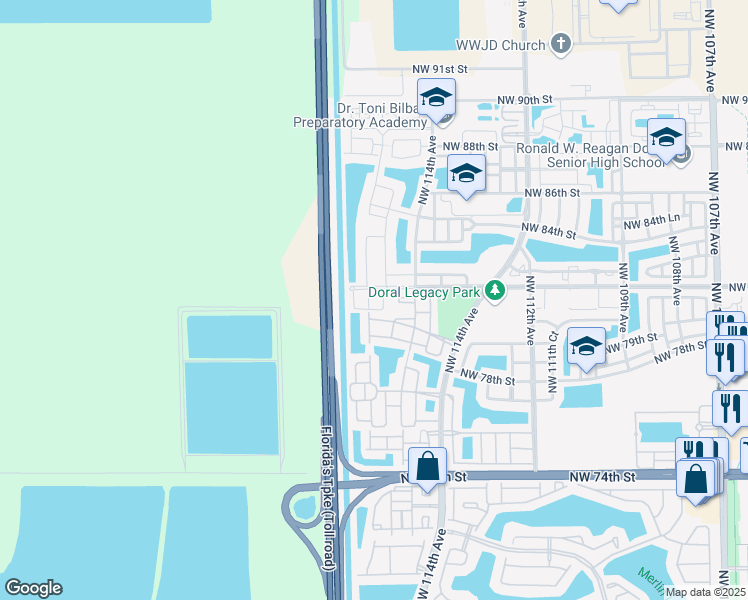 map of restaurants, bars, coffee shops, grocery stores, and more near 8204 Northwest 115th Court in Doral