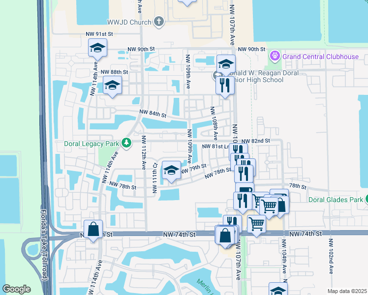 map of restaurants, bars, coffee shops, grocery stores, and more near 10902 Northwest 83rd Street in Doral