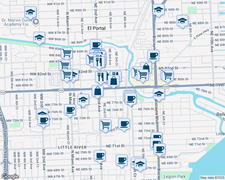map of restaurants, bars, coffee shops, grocery stores, and more near 259 Northeast 79th Street in Miami