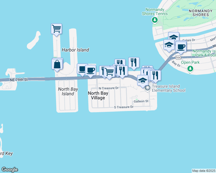 map of restaurants, bars, coffee shops, grocery stores, and more near 1575 North Treasure Drive in North Bay Village