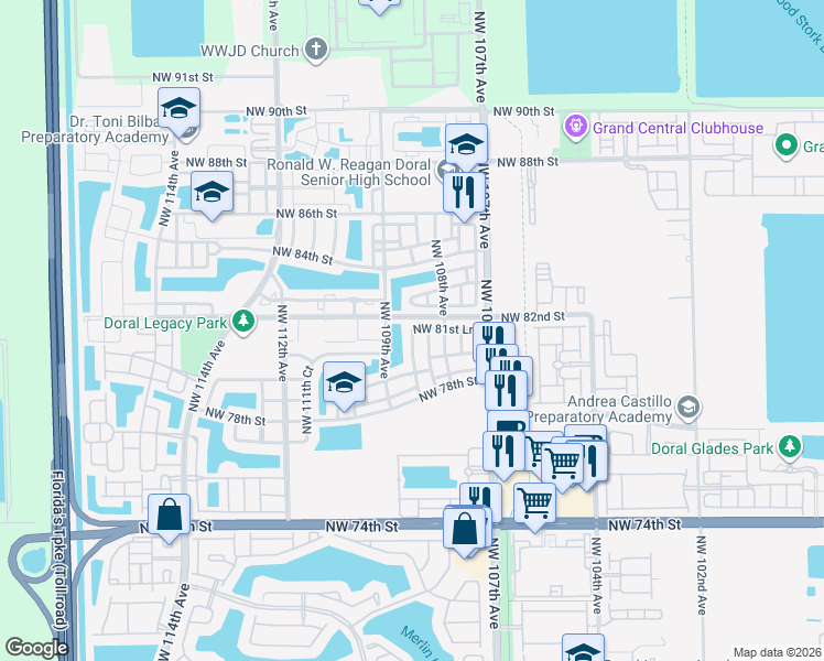 map of restaurants, bars, coffee shops, grocery stores, and more near 11158 Northwest 81st Lane in Doral