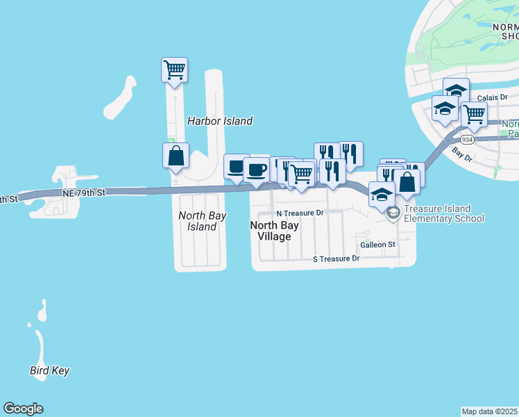 map of restaurants, bars, coffee shops, grocery stores, and more near 130 North Bay Causeway in North Bay Village