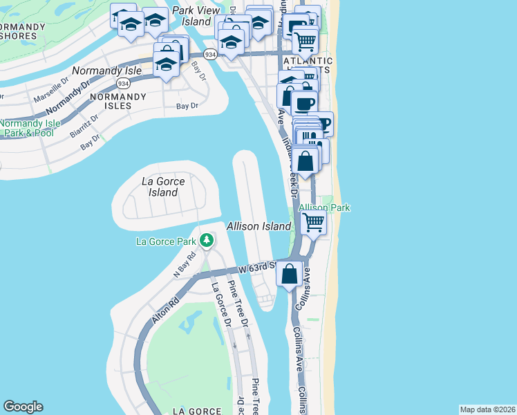 map of restaurants, bars, coffee shops, grocery stores, and more near 6505 Allison Road in Miami Beach