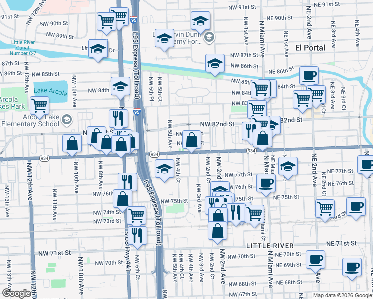 map of restaurants, bars, coffee shops, grocery stores, and more near 7951 Northwest 4th Avenue in Miami